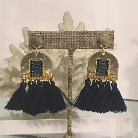 Navy & Gold beaded tassel earrings